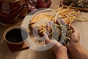 Hand model is holding Chinese motherwort with a bowl of medicine beside