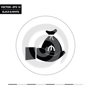 Hand and money bag - Azerbaijani manat black and white flat icon