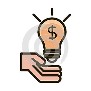 Hand with money bulb creativity business financial investing line and fill icon