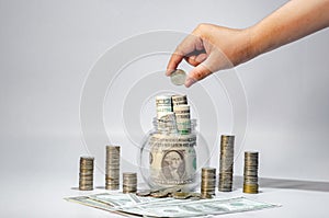 Hand Money growth Saving money. Upper coins to shown concept of growing business