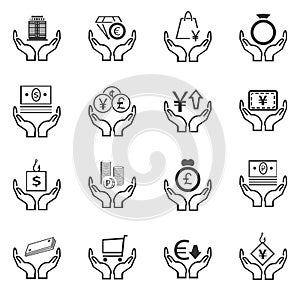 Hand and money icons set