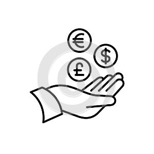 Hand with money icons. Tax return, vat refund or other money back operations symbol. Coins of different currency signs.