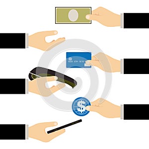 Hand with Money Mobile and Credit Card Payment Side View