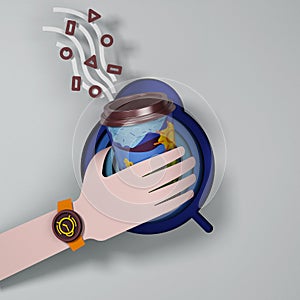 Hand with morning dixie cup of coffee and smart watch with alarm clock signal. 3d illustration