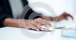 Hand, mouse and business woman in office with finance research for corporate tax return planning. Technology, accounting