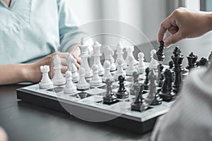 Hand move chess with strategy and tactic to win enemy, play battle on board game, business opportunity  competition strategic