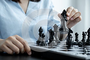 Hand move chess with strategy and tactic to win enemy, play battle on board game, business opportunity  competition strategic