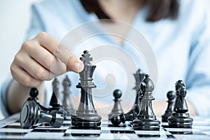 Hand move chess with strategy and tactic to win enemy, play battle on board game, business opportunity  competition strategic