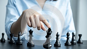 Hand move chess with strategy and tactic to win enemy, play battle on board game, business opportunity  competition strategic