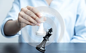 Hand move chess with strategy and tactic to win enemy, play battle on board game, business opportunity  competition strategic