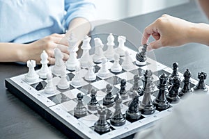 Hand move chess with strategy and tactic to win enemy, play battle on board game, business opportunity  competition strategic