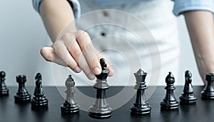 Hand move chess with strategy and tactic to win enemy, play battle on board game, business opportunity  competition strategic