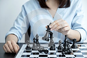 Hand move chess with strategy and tactic to win enemy, play battle on board game, business opportunity  competition strategic