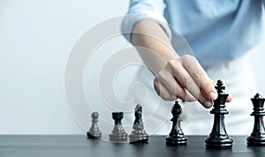 Hand move chess with strategy and tactic to win enemy, play battle on board game, business opportunity  competition strategic