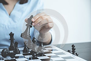 Hand move chess with strategy and tactic to win enemy, play battle on board game, business opportunity  competition strategic