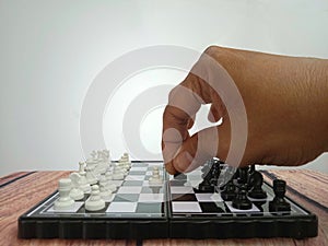 Hand Moving Chess, Illustration for photo War, battle, politic situation concept at gray background