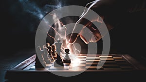 Hand moving strategic chess on electric chess board for business concept.