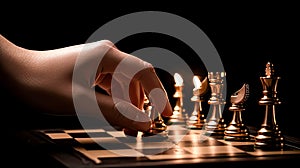 Hand moving strategic chess on golden chess board for business concept.