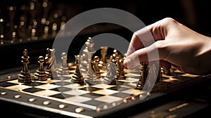 Hand moving strategic chess on golden chess board for business concept.