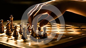 Hand moving strategic chess on golden chess board for business concept.