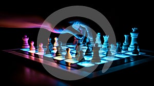 Hand moving strategic chess on Neon chess board for business concept.