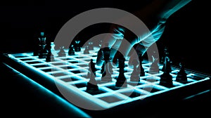 Hand moving strategic chess on Neon chess board for business concept.