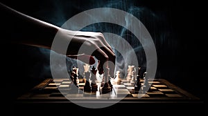 Hand moving strategic chess on smoke chess board for business concept