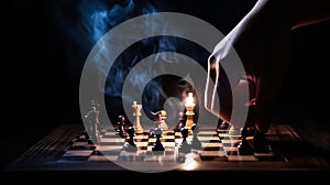 Hand moving strategic chess on smoke chess board for business concept.