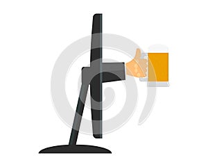 A hand with a mug of beer leans out of the computer monitor screen. Vector illustration.