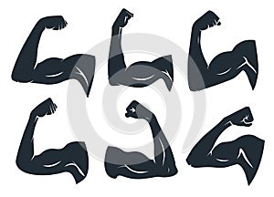 Hand muscle silhouette. Strong arm muscles, hard biceps and power gym vector stencil icons set