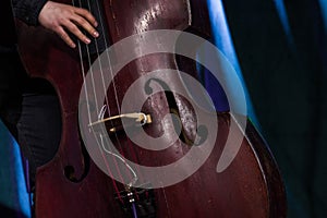 Hand of the musician on the electric upright bass at the live concert.