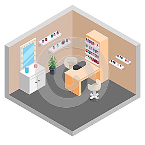 Hand nail care manicure room services isometric design vector illustration