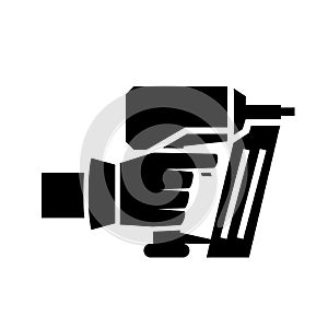 Hand with nail gun glyph icon. Clipart image