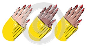 Hand nails new manicure, red polish cover art. Womn hand in different skintones showing new beauty procedure Vector . Spa salon,