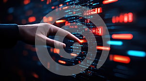 Hand navigating digital code stream, exploring technology, coding, and software development