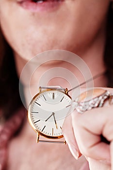 Hand, necklace and jewelry watch by man closeup fashion for rich person with luxury time accessories. Investment, gold