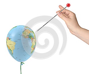 Hand with needle aimed at balloon