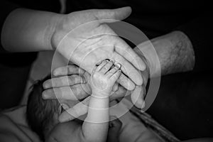 Hand of newborn baby and hands