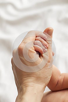The hand of a newborn baby in the hands of mom