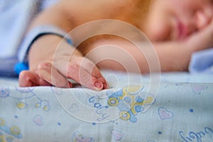 Hand newborn baby with a maternity hospital bracelet on his arm is sleeping in a crib. A newly born child in a clinic bed behind a