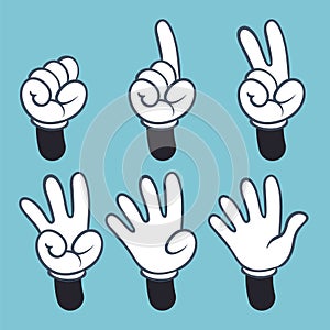 Hand numbers. Cartoon hands people in glove, sign language palm two three one four finger count, vector illustration