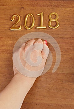 Hand and numbers 2018 on door - new year background