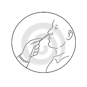 Hand of Nurse or Doctor Performing Nasal or Nasopharyngeal Swab Test for Covid-19 Line Drawing photo