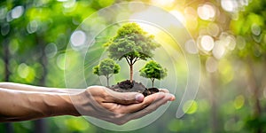 A hand nurturing small trees with the blurred forest background