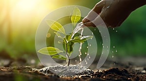 Hand nurturing and watering plants growing on fertile soil at sunset background Ecology concept Generative AI