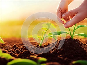 Hand nurturing and watering young baby plants growing in germination sequence on fertile soil at sunset background