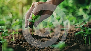 Hand nurturing a young plant in fertile soil, symbolizing growth and sustainability.