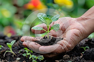 Hand nurturing a young plant in soil photo