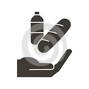 Hand offering bread and water icon. Vector flat glyph illustration. World hunger and poverty donation. Helping those in need with