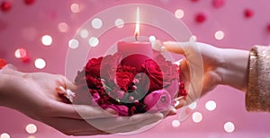 Hand offering rose flower with lightning red candle as as gift